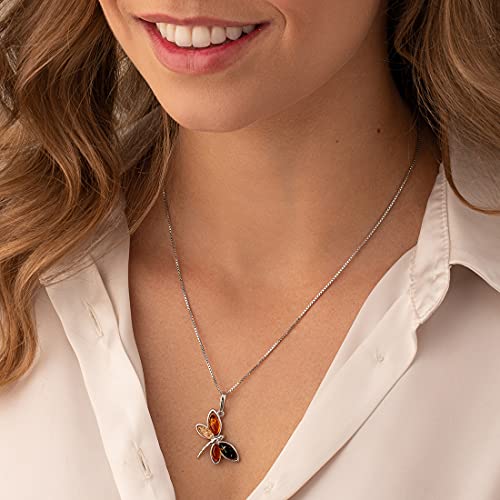 Peora Genuine Baltic Amber Dragonfly Pendant Necklace For Women 925 Sterling Silver, Rich Cognac, Olive And Honey Colors, With 18 Inch Chain #TOP1