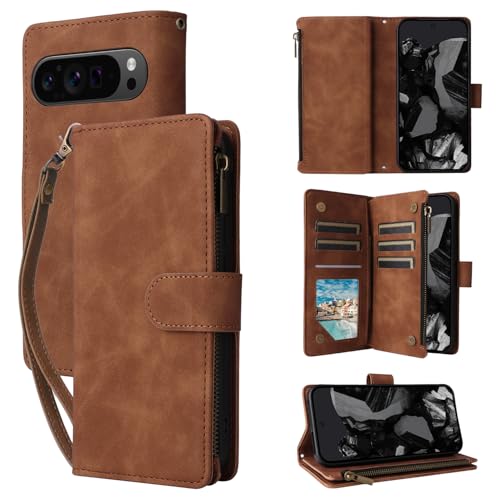 Housse Google Pixel 10 Pro XL en cuir marron avec dragonne et fermeture magnétique pour le quotidien