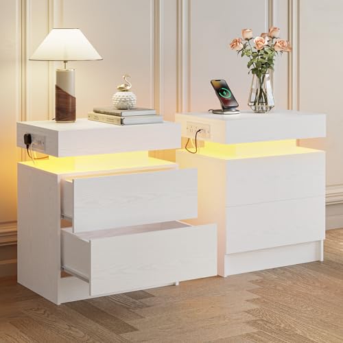 Modern White Nightstand Set with Charging Station, Drawers, and LED Light - Bedroom Side Table Set