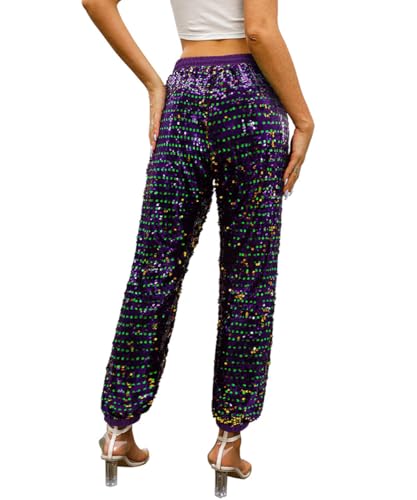 Aelidiya Women's Glitter Sequin Long Pants Bling Party Clubwear Elastic Drawstring Casual Trousers2