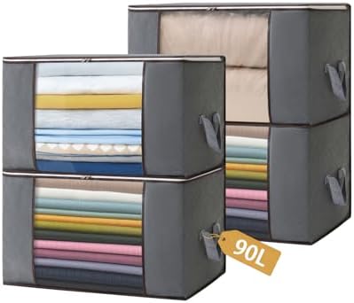 Boic 4 Stück Große Aufbewahrungstasche, 90L Aufbewahrungsbox mit Deckel, Kleideraufbewahrung Umzugskartons, Faltbare Aufbewahrung Boxen für Bettdecken Decken Kleidung Unterbett Kle