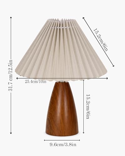 Image of Homesake Wood Grain Pattern Small Table Lamp, Desk Light, Wooden Bedroom Lamps for Nightstand, Scalloped Lamp Shade Table Lamps Small Spaces, Bedroom, Living Room, Taper Cone, (Pleated Khadi)