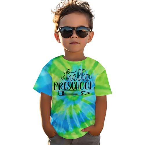Toddler First Day of School Shirt Boy Hello Preschool T-Shirt Pre K Back to School Outfit Tie Dye Short Sleeve Tops