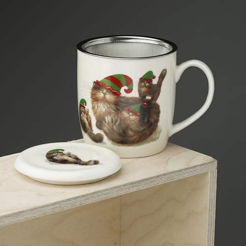 Puckator Kim Haskins Christmas Elf Cats Porcelain Infuser Tea Coffee Mug Set including Lid, Funny Home Accessories - Image 2