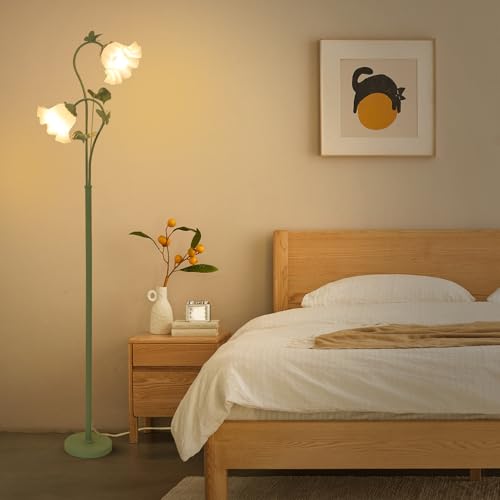 Image of HMVPL Flower Floor Lamp for Living Room, Vintage Floor Lamp with 2 LED 5W Blubs, Foot Switch, Green Standing Lamp with Acrylic Shade, Unique Floral Tall Lamp for Living Room Bedroom Corner Office