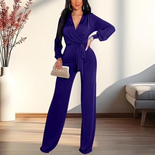 Image of shengfan Formal Jumpsuits for Women Dressy Evening Sexy Deep V Neck Plus Size Long Wide Leg Pants Rompers Clubwear