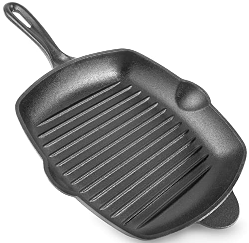 nuovva Poêle à Frire en Fonte Pré-assaisonnée – Poêle à Griller Carrée Émaillée – 28 cm (Noir)