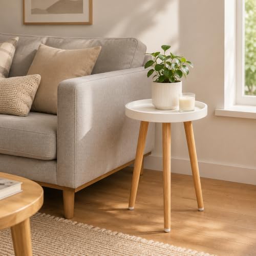 Image of KGPLOME 2 Pack White Plant Stands Indoor with Raised Design and Wood Leg | 12x17'' Raised Design Round Small Side End Table,Mid CenturyTall Holder for Flower Pots with Silicone Footpads