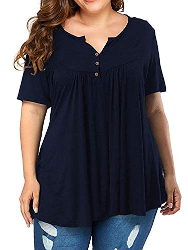 VISLILY Womens Henley Shirts Plus Size Short Sleeve T Shirt Tunic Tops Blouses Navy 16W