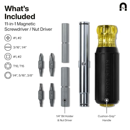 Image of Klein Tools 32500MAG Magnetic Multi-Bit Screwdriver / Nut Driver, 11-in-1 Multi Tool with 8 Bits, 3 Nut Driver Sizes, Cushion Grip Handle