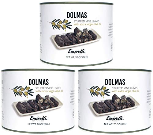 Emirelli Dolmas Stuffed Grape Leaves with Rice, Mediterranean Herbs in Extra Virgin Olive Oil â€“ Super Tasty Ready to Eat VeganÂ Rolls - Traditional Turkish Recipe â€“ Dolmades Can (70 oz - Pack of 3)