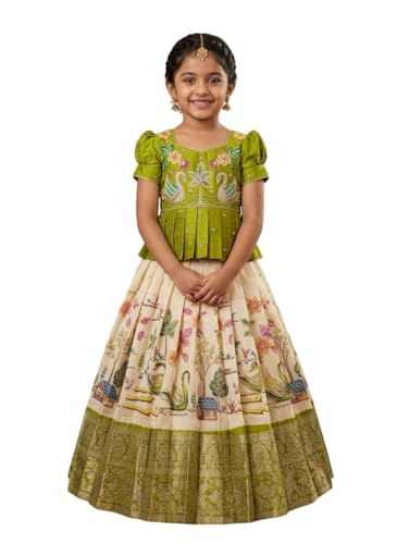 Image of White Button Girls' Ethnic Peplum Top and Jacquard Langa Voni type Lehenga Choli Set- Traditional Outfit