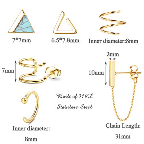 Orazio 6 Pairs Minimalist Hoop Stud Earrings Set For Men Women Small Triangle Cuff Huggie Chain Dangle Earrings Stainless Steel Cartilage Helix Piercing Set #TOP2
