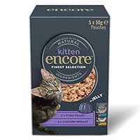 Encore Natural cibo umido per gattini, multipack pollo e tonno in gelatina, sacchetto da 50 g (5 x 50 g)