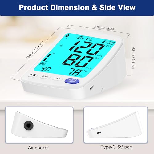 Image of Automatic Upper Arm Blood Pressure Monitor, 2 Users 90 Memory Sets Blood Pressure Machine, Irregular Hearbeat & Pulse Readings BP Monitor with Type-C 5V Cable