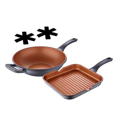 San Ignacio - Juego de Cocina - Set de Wok y Sartén Grill de 32 y 28 cm y 2 Protectores - Fabricados con Aluminio Fundido - Sartenes Antiadherentes - Sin Tóxicos - Para Inducción y Todo Tipo de Cocinas