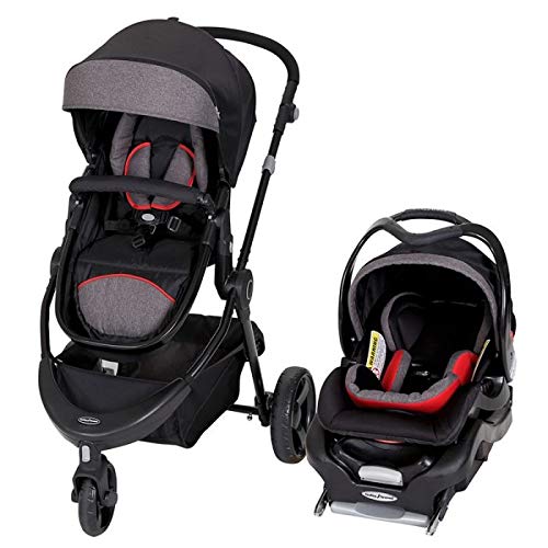 red and black stroller and carseat
