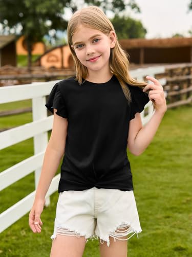 Image of Haloumoning Girls Ruffle Sleeve T Shirts Summer Crewneck Shirt 5-14 Years