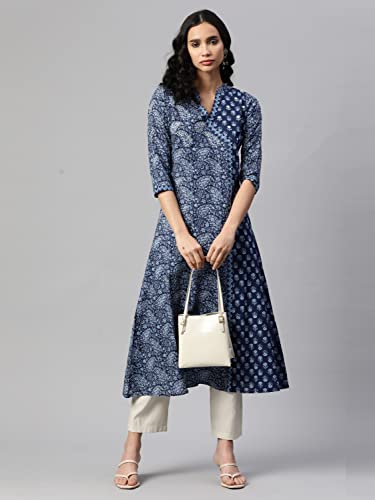 Image of Vbuyz Cotton Floral Printed A-Line Mirror Work Kurta for Women