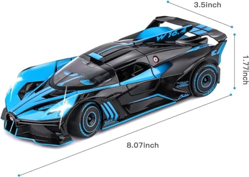 Image of PINQUE Kids New Car 1:24 Big Bugatti Bolide Diecast Alloy Metal Pull Back Car with Openable Doors Music Sound and Light Vehicle Toy for Boys (Blue)
