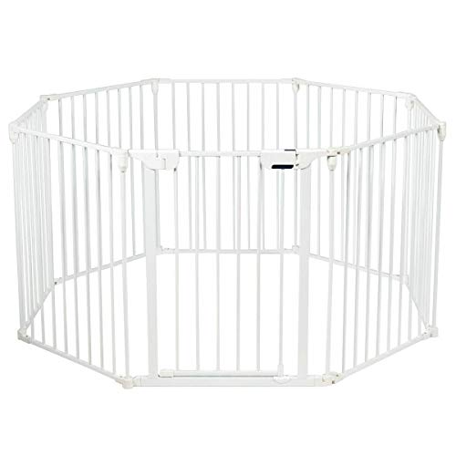 Costzon Baby Safety Gate, 181-Inch Extra Wide Fireplace Fence with Walk-Through Door in Two Directions, Add/Decrease Panels Directly, Wall-Mount Metal Gate for Pet & Child
