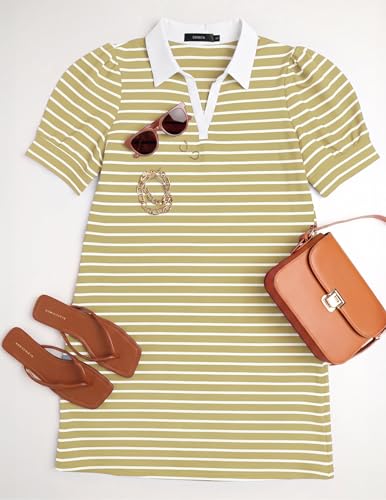 Image of ZESICA Womens Summer Striped T Shirt Mini Dresses 2026 Casual Lapel V Neck Short Sleeve Flowy A Line Beach Vacation Dress