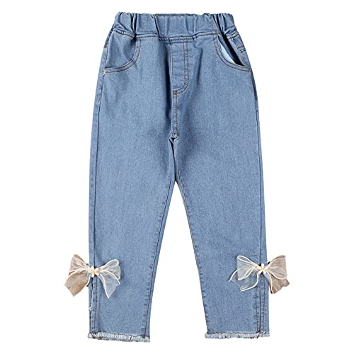 Toddler Baby Girls Jeans Split Hem Lace Bowknot Decor Elastic Waist Denim Pants Casual Bottoms