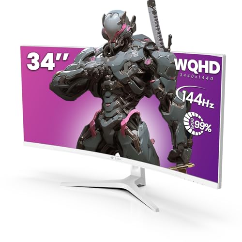 CRUA 34Inch White Gaming Monitor 144hz 21:9 1500R Ultra Wide Curved Monitor, WQHD (3440X1440P) 99%sRGB VA Panel Computer Monitor Support AMD Freesync, HDMI 2.1 & DP1.4, Wall Mountable/Tilt Adjustable - Image 3