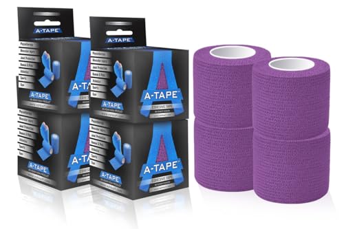 Image of A-Tape Breathable Self Adhesive Cohesive Bandage Wrap - Athletic Non-Woven for Sports, Medical Use, Injuries, Knee & Wrist Support - Suitable for Humans & Pets (Purple, 5cm Pack Of 4)