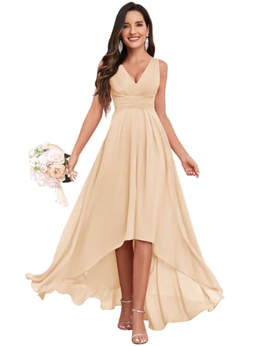 High Low Bridesmaid Dress V Neck Chiffon A Line Long Formal Dresses Evening Gowns with Pockets