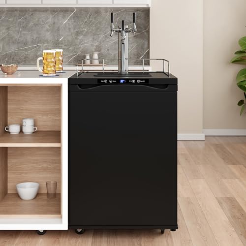 EdgeStar KC3000SSTRIP Full Size Triple Tap Kegerator with Digital Display - Black and Stainless Steel on Fridge.com