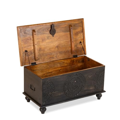 Image of Rafi Wooden Trunk Box for Storage | Solid Wood Coffee Table for Living Room | Center Coffee Table with Storage | Front Wooden Carved Sandook Pitara for Home Decor & Bedroom (Black Distress)