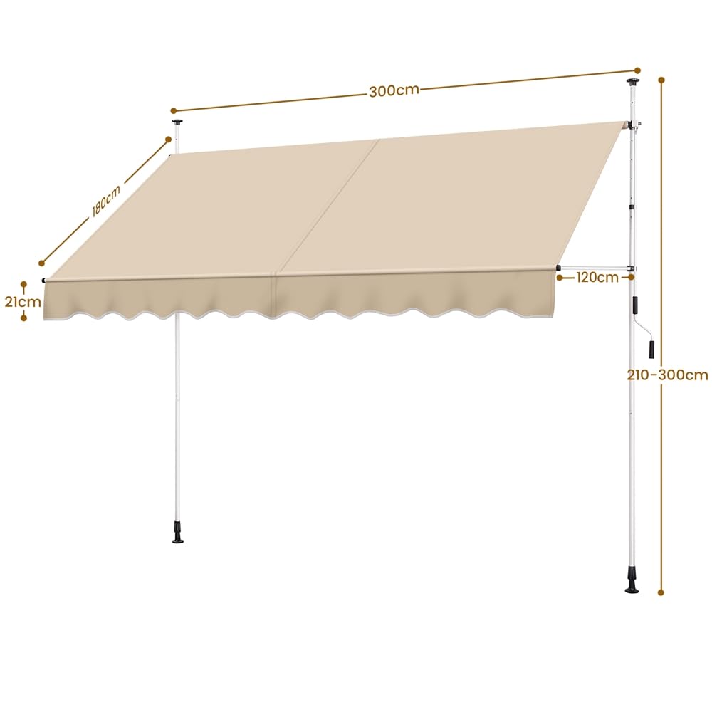 Yaheetech Klemmmarkise 300cm Breit Balkonmarkise mit Handkurbel Sonnenschutz ohne Bohren Sonnenmarkise höhenverstellbar Markise mit Gestell, Beige
