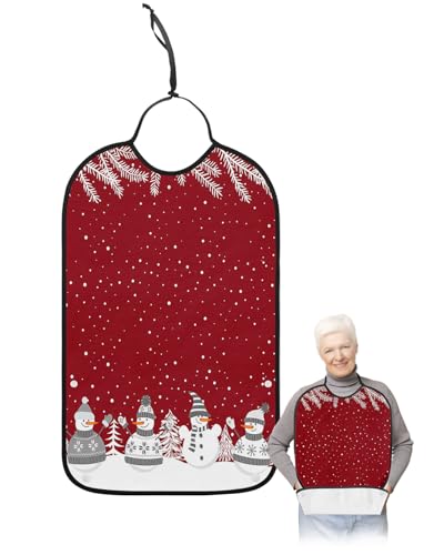 LEOKOTI Red Snowman Christmas Adult Bibs for Eating, Waterproof Bibs with Food Catcher & Adjustable Snap Closure, Xmas Tree Botanical Snowflake Washable Clothing Protectors Adult Bibs for Elderly