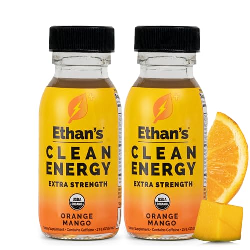 Image of Ethan's Organic Clean Energy Shots Orange Mango Extra Strength, 2 Pack of 2oz | 200mg Caffeine | Green Tea, Guayusa, Lion's Mane & Cordyceps | Sugar-Free, Vegan, Gluten-Free, USDA Organic