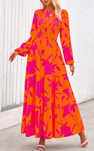 Image of PRETTYGARDEN Women's Fall Dresses 2026 Long Sleeve Flowy Casual Floral Maxi Dress Crew Neck Smocked Tiered Long Dress