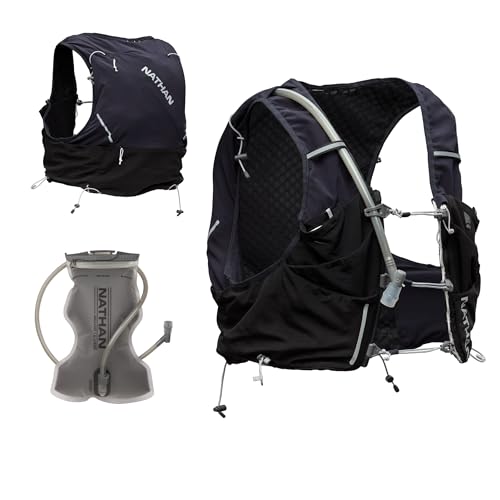 Nathan Hydration Vest 12L for Running & Hiking - Quick-Fit Adjustments, Breathable Mesh, 1.6L Insulated Bladder, Lightweight 8.8 oz, 6 Power Mesh Pockets, Diagonal Zip - Pinnacle Pro - Black - Medium