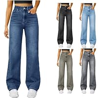 Jeans for Women Straight Wide Leg Jeans Loose High Waisted Stretchy Baggy Jean Fashion Denim Pants with Pockets Dark Blue