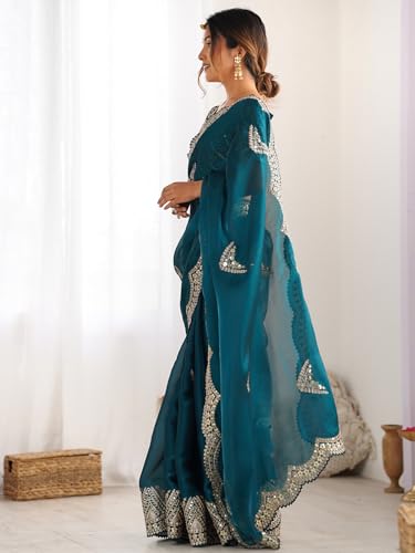 Image of Satrani Women's Tissue Silk Sequin Embroidery Scalloped Border Saree with Unstitched Blouse Piece
