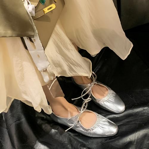 Zeberfi Women's Shiny Leather Mary Jane Flats Fashion Lace Up Closed Round Toe Shallow Mouth Ballet Shoes Retro Comfortable Lightweight Casual Shoes4
