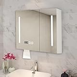 Wall Mounted Bathroom Vanity Mirror with LED Lights Smart Storage Cabinet Defogger Stepless Dimming 3 Tone Lighting Time & Temperature Display White 70cm