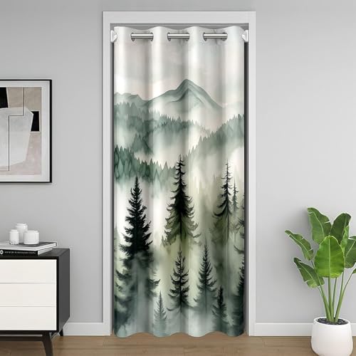 Manfei Navy Blue Forest Door Curtain Abstract Mountain Blackout Curtain for Bedroom Doorway Living Room,Rustic Woodland Tree Scenery Door Drape,Kids Boys Girls Room Decor,52"x80" 1 Panel