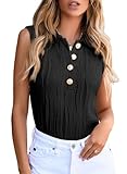 EVALESS Casual Black Tank Top Woman Textured Slim Fit Trendy Summer V Neck Sleeveless Tops Button Down Collared Polo Shirts Solid Color Basic T Shirts Tee Blouses Medium