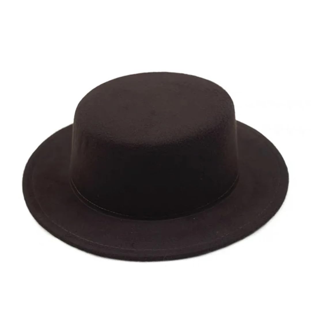 Suwequest Tinta unita Boater Fedora Cappello Autunno Inverno Imitazione Lana Bombetta Cappello Donne Uomini Flat Top Feltro Cap Elegante Lady Chapeu, 11 caffè, 55/58 cm