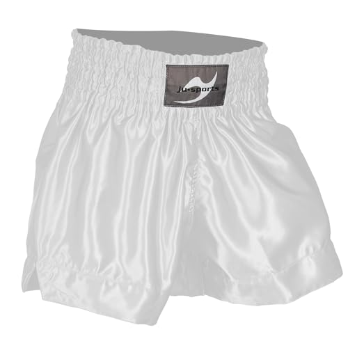 Ju-Sports Thaiboxhose Color Weiß S I Thaibox Shorts im typischen Thai-Schnitt I 100% Polyester I Breiter Boxerbund & Zusatzschnürung I Auch für Kickboxen UVM.