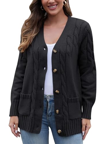 Achinel Cardigan épais en tricot torsadé ouvert sur le devant pour femme, manteau tricoté à manches longues, cardigan boutonné pour femme, Noir , M