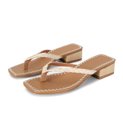 Image of DOEYG Raffia Heels Sandals Summer Beach Flip Flops Heels Square Open Toe Heeled Sandals Dressy Comfortable Slip on Thong Sandal