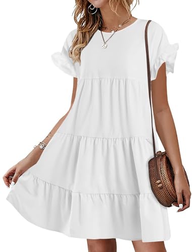 Image of Chuanqi Womens Ruffles Boho Floral Printed Babydoll Loose Swing Casual Short Mini T-Shirt Dress
