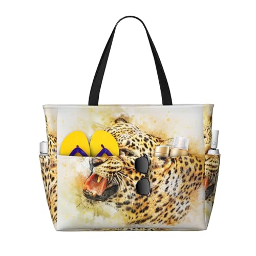 Roaring Leopard Print Large Capacity Beach Tote Bag for Women, Waterproof Beach Travel Bag