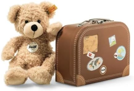 Steiff Kuscheltier Fynn Teddybär im Koffer, Süßes Stofftier mit Kunststoffaugen, Kinder, Jungen & Mädchen, Soft Cuddly Friends, Plüschtier 28 cm, Beige, 111471